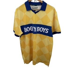Bogey Boys Argyle Golf Polo Yellow Blue Diamond Pattern Mens Size L Retro Preppy